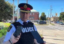 Peterborough police chief Stuart Betts speaks to the media on September 15, 2023 about the arrest of 31-year-old Suleman Hussain of Milton in connection with a shooting in downtown Peterborough on September 4 that left a men with a serious leg injury. (kawarthaNOW screenshot of police video)