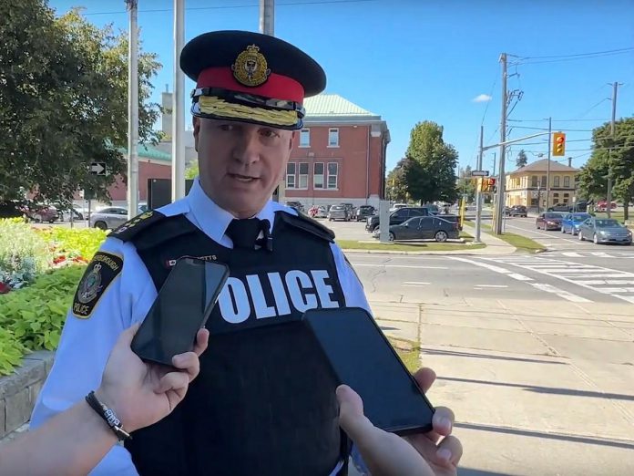 Peterborough police chief Stuart Betts speaks to the media on September 15, 2023 about the arrest of 31-year-old Suleman Hussain of Milton in connection with a shooting in downtown Peterborough on September 4 that left a men with a serious leg injury. (kawarthaNOW screenshot of police video)