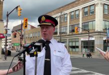 Peterborough police chief Stuart Betts responds to a reporter's question during a media conference on September 7, 2023 about the arrest of a 29-year-old Peterborough man for the murder of a 27-year-old Peterborough woman and the attempted murder of a 30-year-old Peterborough man the previous evening. (kawarthaNOW screenshot of police video)