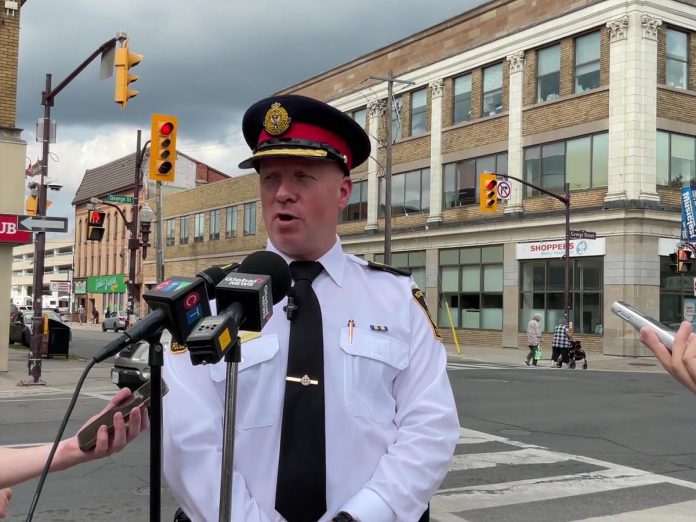 Peterborough police chief Stuart Betts responds to a reporter's question during a media conference on September 7, 2023 about the arrest of a 29-year-old Peterborough man for the murder of a 27-year-old Peterborough woman and the attempted murder of a 30-year-old Peterborough man the previous evening. (kawarthaNOW screenshot of police video)