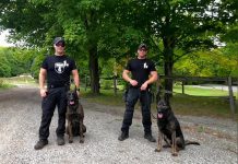 Peterborough police constables Dillon Wentworth and Bob Cowie with police service dogs Gryphon and Isaac at the 2023 National Police Dog Competition held in Barrie from September 5 to 9, 2023. Cowie and Isaac placed fourth in drug detection while Wentworth and Gryphon placed fifth in drug detection and fourth in building searches. (kawarthaNOW screenshot of Peterborough Police Service video)