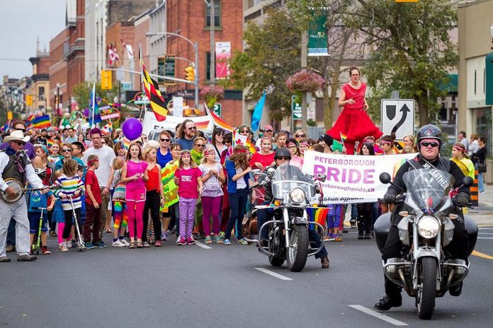 Peterborough Pride returns for its 21st year in Peterborough-Nogojiwanong from Friday, September 15 to Sunday, September 24, 2023. Pride Week features more than 30 events and culminates with the Pride parade, which takes place on Saturday, September 22 in downtown Peterborough, followed by the family-friendly "Pride in the Park" event in Millennium Park. (Photo: Peterborough DBIA)