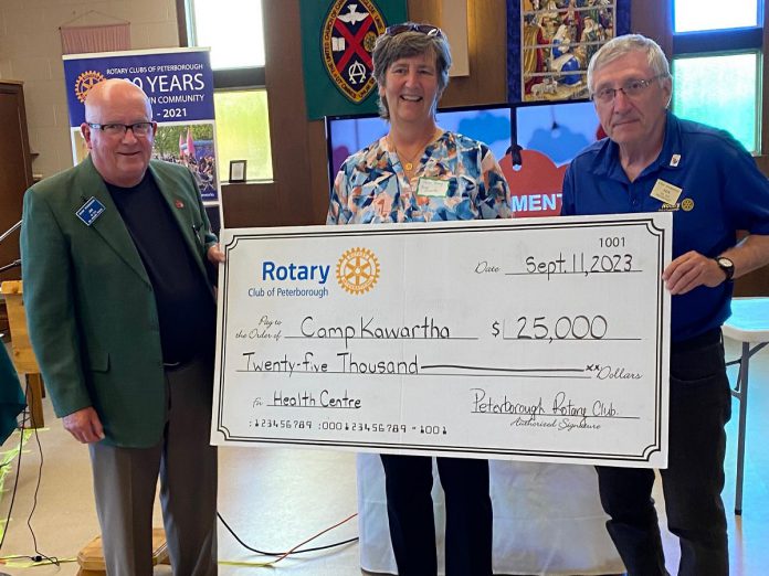 Rotarians Jim Coyle (left) and Ken Seim (right) presented a $25,000 cheque to Camp Kawartha's philanthropy coordinator Susan Ramey at the Rotary Club of Peterborough's September 11, 2023 meeting at Northminster Church in Peterborough. Rotary has now donated $75,000 of a $100,000 pledge made in 2021 to support Camp Kawartha's new Rotary Health Centre. (Photo courtesy of Rotary Club of Peterborough)