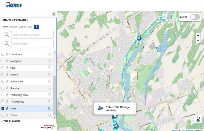 Peterborough Transit's new online tool allows riders to track real-time bus locations and the direction they are travelling in, such as buses on the Water Street route. (kawarthaNOW screenshot)