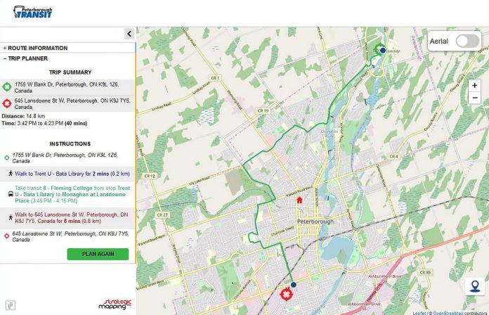 Peterborough Transit's new online tool allows riders to track the location of buses and plan their trips in real-time, such as this trip from Trent University to Lansdowne Place Mall. (kawarthaNOW screenshot)