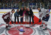 The puck drop at the Jack Burger Sports Complex in Port Hope where the Peterborough Petes faced off against the Oshawa Generals on September 4, 2023, the first of three Petes preseason home games will be held at local arenas. (Photo: Jessica van Staalduinen)