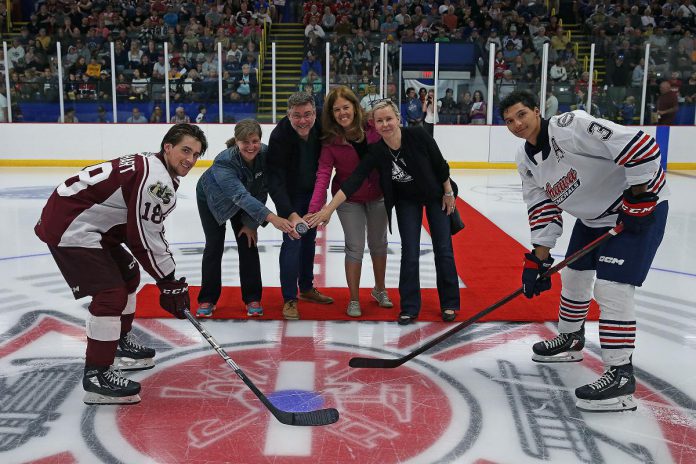 The puck drop at the Jack Burger Sports Complex in Port Hope where the Peterborough Petes faced off against the Oshawa Generals on September 4, 2023, the first of three Petes preseason home games will be held at local arenas. (Photo: Jessica van Staalduinen)