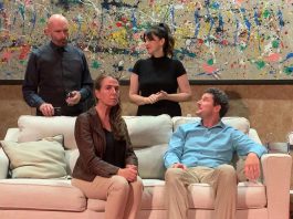 The Peterborough Theatre Guild's production of Yasmina Reza's "God of Carnage", about two sets of parents who meet after their sons have a nasty altercation in the schoolyard, runs for 10 performances from September 19 to October 14, 2023. Pictured during a rehearsal are (left to right) Michael Valiant Saunders as Alan Raleigh, Gayle Fraser as Annette Raleigh, Tristina Haines as Veronica Novak, and Kevin O'Neill as Michael Novak. (Photo: Peterborough Theatre Guild)