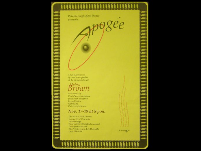 A poster for the first-ever event produced by Public Energy, back when it was known as Peterborough New Dance. "Apogée" by Le Cirque du Soleil choreographer Debra Brown was performed at Peterborough's Market Hall in November 1994. (Photo: Public Energy)
