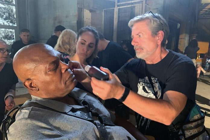 Award-winning Canadian filmmaker and special effects makeup artist Randy Daudlin beginning some blood work on actor Samuel L. Jackson for the 2021 horror thriller film "Spiral: From the Book of Saw." Film Access Northumberland is bringing Daudlin to Cobourg on September 30, 2023 for a workshop at Cobourg ComiCon followed by a film screening and discussion at Venture31 later the same day. (Photo: Randy Daudlin / Instagram)