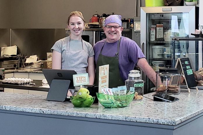 The Good Baker owner Brad Katz's team includes Katie McDonald (left), who complements Katz's his baking knowledge and 60 years of life experience with her youthful enthusiasm and modern insight, as well as part-timer Meghan Goodman.  (Photo: Jeannine Taylor / kawarthaNOW)