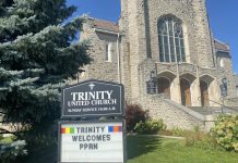 Having purchased the former Trinity United Church at 360 Reid Street last July, the Peterborough Poverty Reduction Network is embarking on a project with One City Peterborough to establish a community hub at the location called Trinity Centre. One City Peterborough will adapt the space to offer year-round daytime drop-in programming but also provide 45 sleeping cots for those seeking overnight shelter from October 1 through the winter until March 31. (Photo: Paul Rellinger / kawarthaNOW)