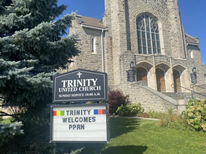 Having purchased the former Trinity United Church at 360 Reid Street last July, the Peterborough Poverty Reduction Network is embarking on a project with One City Peterborough to establish a community hub at the location called Trinity Centre. One City Peterborough will adapt the space to offer year-round daytime drop-in programming but also provide 45 sleeping cots for those seeking overnight shelter from October 1 through the winter until March 31. (Photo: Paul Rellinger / kawarthaNOW)