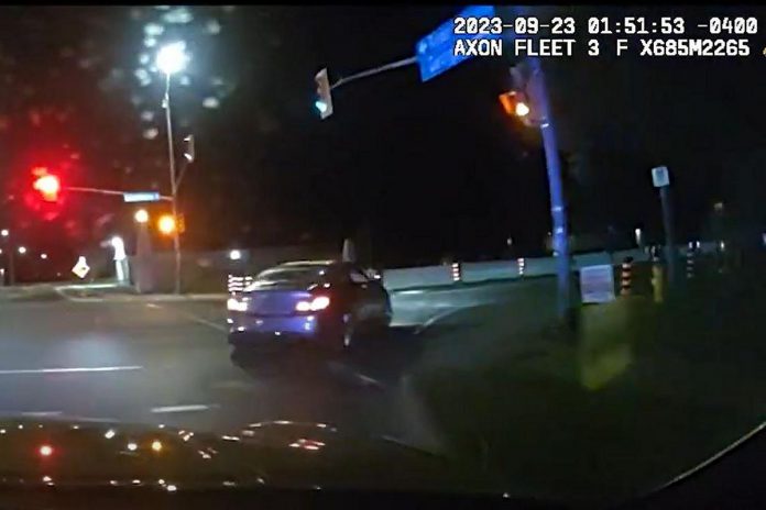 Peterborough police are seeking a grey Hyundai Genesis with no license plate that fled a traffic stop on September 23, 2023. (kawarthaNOW screenshot of police video)