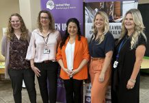 Women United founding chair and donor Maryam Monsef (middle) with representatives of the United Way Peterborough & District and the two recipient organizations of the inaugural Women United Fund, Kawartha Sexual Assault Centre and Peterborough Child and Family Centres, at an announcement on September 27, 2023. (Photo courtesy of United Way Peterborough & District)