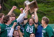 Trent Excalibur men's lacrosse team celebrating winning the Baggataway Cup at Justin Chiu Stadium at Trent University on November 6, 2022. The team will be defending their national university championship title during the 2023 Baggataway Cup, which will again be held at Justin Chiu Stadium at Trent University from November 3 to 5. (Photo: Trent University)
