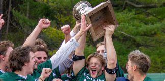 Trent Excalibur men's lacrosse team celebrating winning the Baggataway Cup at Justin Chiu Stadium at Trent University on November 6, 2022. The team will be defending their national university championship title during the 2023 Baggataway Cup, which will again be held at Justin Chiu Stadium at Trent University from November 3 to 5. (Photo: Trent University)