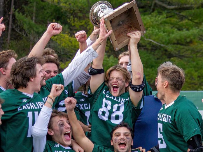 Trent Excalibur men's lacrosse team celebrating winning the Baggataway Cup at Justin Chiu Stadium at Trent University on November 6, 2022. The team will be defending their national university championship title during the 2023 Baggataway Cup, which will again be held at Justin Chiu Stadium at Trent University from November 3 to 5. (Photo: Trent University)