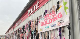 Held during October 2023, the 13th annual Pure Country 105 and MOVE 99.7 "Bras Around the Building" campaign, in conjunction with Merrett Home Hardware Building Centre, has collected 6,842 bras and raised $13,584 for breast cancer research. (Photo courtesy of Pure Country 105 and MOVE 99.7)