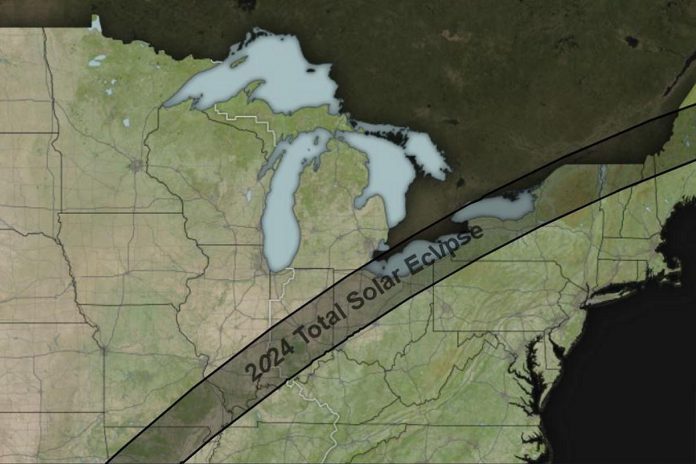 The path of totality for the total solar eclipse on April 8, 2024. (Graphic: NASA)