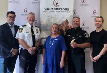 Cobourg mayor Lucas Cleveland, Cobourg police chief Paul VandeGraaf, Cornerstone Family Violence Prevention Centre executive director Nancy Johnston, Port Hope police chief Tim Farquharson, and Port Hope mayor Olena Hankivsky during an announcement on October 5, 2023 of a $100,000 provincial grant that Cobourg police and Cornerstone will use to expand their intimate partner abuse program first piloted in 2017. (Photo courtesy of Cobourg Police Service)