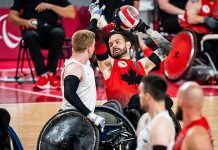 Peterborough wheelchair rugby athlete Cody Caldwell with the ball when Canada took on Great Britain in the preliminary round during the Tokyo 2020 Paralympic Games. (Photo: Canadian Paralympic Committee)