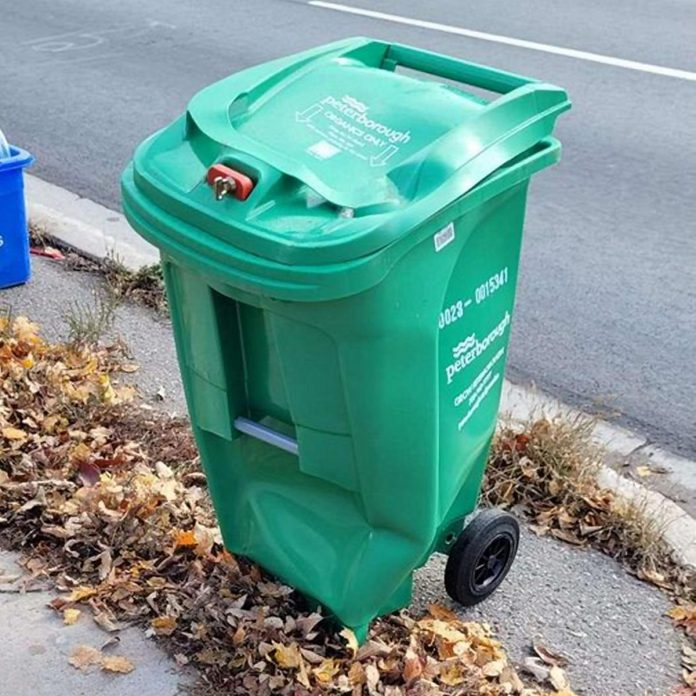 A green bin damaged during the first collection day of the City of Peterborough's new organic waste collection service. (Supplied photo)