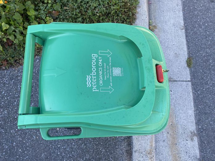 Beginning October 31, 2023, the City of Peterborough will begin weekly collection of organic waste in green bins supplied to eligible households. On your collection day, place your green bin at the curb and ensure there's at least two feet of clearance between the green bin and any other items set out for collection. That includes recycling bins, green waste bis or bags, or the clear garbage bags that replace traditional garbage bins. (Photo: GreenUP)