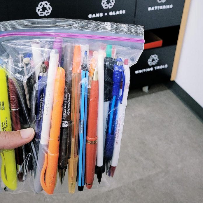 Dried-up pens collected in a plastic bag and being recycled at Staples through their Terracycle program. (Photo: Adeilah Dahlke / Jigsaw Organizing Solutions)