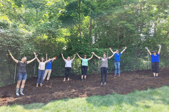 In June, supporters of the first "little forest" in Peterborough, the Antrim Street location of Peterborough Child and Family Centres, came together to prepare the soil to plant the mini forest. Pictured here are volunteers acting as the trees that will grow there and provide natural play elements as well as shade for young people at the centre. (Photo: Laura Keresztesi / GreenU