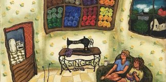 A detail of "Coronation Street" (acrylic on canvas, 16" x 16") by Cavan artist JoEllen Brydon, one of the pieces in her exhibit "Home" on display at the Atelier Ludmila Gallery in downtown Peterborough until October 29, 2023. Influenced by her love of story-telling and nostaliga for cultural history, Brydon often unintentionally paints day-to-day stories with people using seemingly outdated items of the past, like the television with antenna seen here. "Coronation Street" is part of Brydon's show "Home" at the Atelier Ludmila Gallery. (Photo courtesy of Atelier Ludmila Gallery)