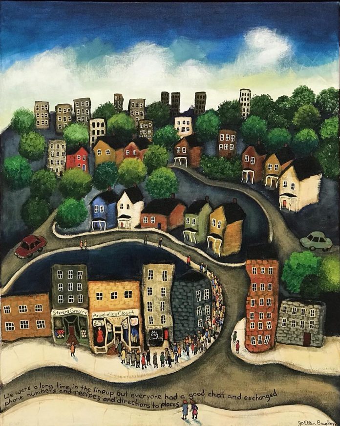 This piece by JoEllen Brydon is entitled "We were a long time in the lineup but everyone had a good chat and exchanged phone numbers and recipes and directions to places" (acrylic on canvas, 30" x 24"). Brydon's paintings often tell the mundane, day-to-day moments of life as she collects stories for others through inscriptions written on the painting and in the titles. This piece is being shown in the "Home" show at the Atelier Ludmila Gallery in Peterborough until October 29, 2023. (Photo courtesy of Atelier Ludmila Gallery)