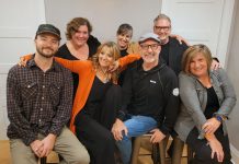 A variety show fundraiser for Camp Kerry Ontario, Keep'n It Campy on November 11, 2023 at Market Hall in downtown Peterborough centres around the theme of camping, with comedic skits, improv, live music, and audience interaction. Organizing committee members and performers include (left to right, front and back row) Stephen Cullen, Lisa Devan, Paul Crough, Angela Gaskell, Kate Brioux, Bridget Foley, and host Andrew Finlan. Streaming tickets are still available for the sold-out show and organizers are accepting donations for the gift baskets that will be given away at the show. (Photo courtesy of Keep'n It Campy)