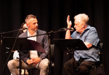 New Stages Theatre Company's founding artistic director Randy Read (right) with Sergio Di Zio during a staged reading of Rick Chafe's "The Secret Mask" in May 2023. In Read's first return to the stage since suffering a serious injury the previous fall, he performed as a man recovering from a stroke. Read's 25 years at the helm of New Stages will be celebrated in the cabaret show "Let's Get Randy" at the Market Hall in downtown Peterborough on November 17, 2023. (Photo: Andy Carroll)