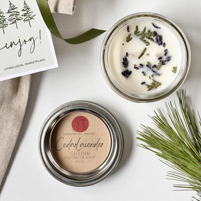 Living Local Marketplace offers unique products from local artisans, such as these Giizhic (cedar) candles from Indigenously Infused, owned and operated by Robyn Ivory Pierson in Curve Lake First Nation. (Photo courtesy of Living Local Marketplace)