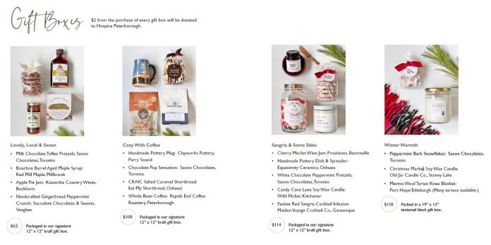 A page from Living Local Marketplace's 2023 holiday corporate gift guide, which owner Alicia Doris says is an "jumping-off point" to provide inspiration for businesses and organizations planning their holiday gift giving.  Living Local Marketplace will donate $2 from the purchase of every gift box to Hospice Peterborough this holiday season. (Photo courtesy of Living Local Marketplace)