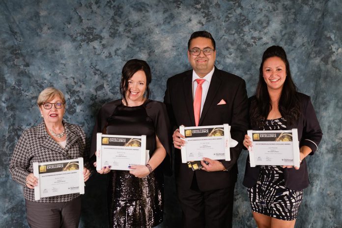 Nicole Truman (second from left) is no stranger to the Business Excellence Awards stage, as she was one of the recipients of the 4 Under 40 Profile in 2019 alongside Brooke Hammer, Dr. Vipin Grover, and Grace Reynolds. She believes the Business Excellence Awards is a good time for business owners to take a pause from their business and take time to come together with other entrepreneurs and professionals to celebrate their successes. (Photo: Peterborough and the Kawarthas Chamber of Commerce)