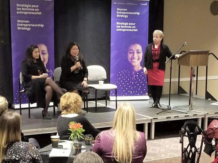 At a women's entrepreneurship town hall hosted by the Women's Business Network of Peterborough on December 19, 2019, then Community Futures Peterborough executive director Gail Moorhouse (right) listened as then federal Minister of Small Business and Export Promotion Mary Ng spoke, with then Peterborough-Kawartha MP and Minister for Women and Gender Equality Maryam Monsef at the left. (Photo courtesy of Community Futures Peterborough)