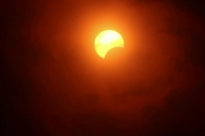 During the partial solar annular eclipse on October 14, 2023, around 20 per cent of the sun was obscured by the moon in the Kawarthas region. (kawarthaNOW screenshot from video by Sean Bruce)
