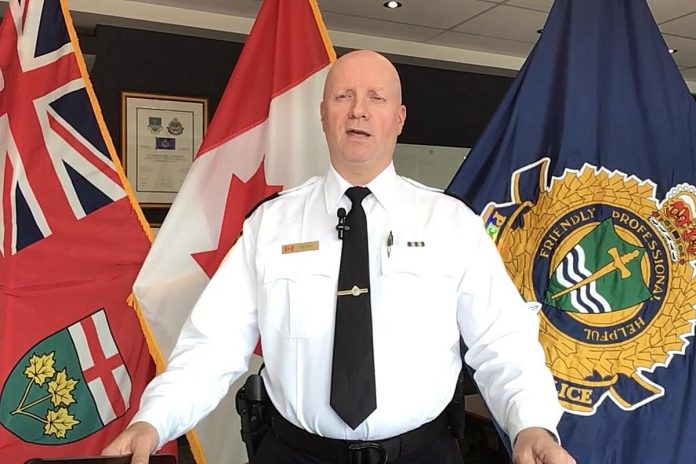 On October 17, 2023, Peterborough police chief Stuart Betts announced the arrests of two men from the GTA and Toronto in connection with a shooting last April in Peterborough that left a Mississauga man dead. (kawarthaNOW screenshot of Peterborough Police Service video)