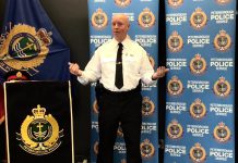 Chief Stuart Betts explains the Peterborough Police Service's new 'Safer Public Spaces' approach to the open-air use of illicit drugs in public spaces in the community at a media conference at the Peterborough police station on October 5, 2023. (kawarthaNOW screenshot of police video)
