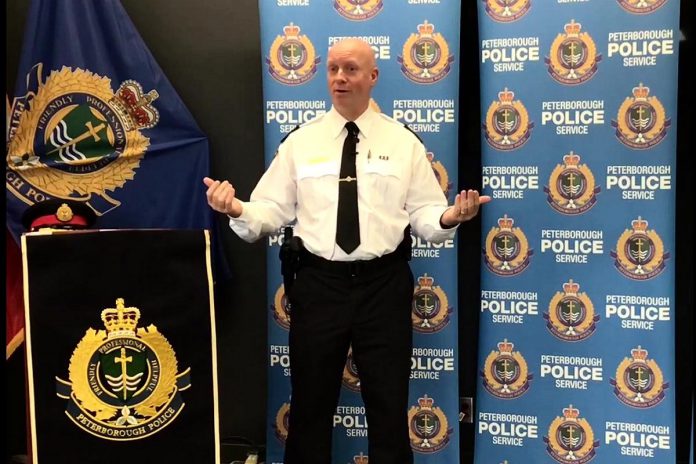 Chief Stuart Betts explains the Peterborough Police Service's new 'Safer Public Spaces' approach to the open-air use of illicit drugs in public spaces in the community at a media conference at the Peterborough police station on October 5, 2023. (kawarthaNOW screenshot of police video)