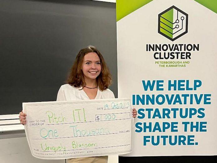 Trent University student Maysie Roberts took home $1,000 as the winner of the 2023 Pitch It! entrepreneurial competition held on October 19 for her concept for a women's health app. Fleming College student Adithya Bala came in second place and won a $500 prize for his venture called EcoBites. (Photo courtesy of Innovation Cluster Peterborough and the Kawarthas)