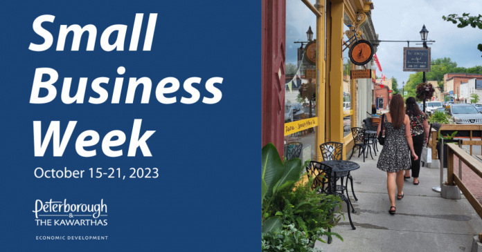 For Small Business Week 2023 (October 15 to 21), Peterborough & the Kawarthas Economic Development's Business Advisory Centre has curated an online hub of local events and resources for small business, including workshops on business valuation and social media marketing, the Peterborough Business Excellence Awards, a student entreprenurial competition, and more. (Graphic: Peterborough & the Kawarthas Economic Development)