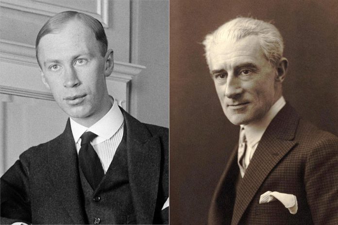 Russian composer, pianist, and conductor Sergei Prokofiev in 1918 and French composer, pianist, and conductor Maurice Ravel in 1925. (Public domain photos)