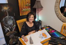 Peterborough artist Silvia Ferreri started painting murals more than 30 years ago when she was inspired to paint the 54-foot wall in her then-new downtown store Pensieri Shoes. Since then, she has painted everything from ceilings and floors to doors and chairs and has sold her work through shows, galleries, and in her own open house. After years dedicated to running her business and raising her family, the artist is now focusing on her artwork and has plans to host more open houses, open her own studio space, and develop a website. (Photo courtesy of Silvia Ferreri)