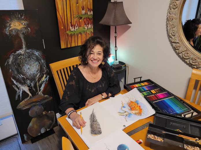 Peterborough artist Silvia Ferreri started painting murals more than 30 years ago when she was inspired to paint the 54-foot wall in her then-new downtown store Pensieri Shoes. Since then, she has painted everything from ceilings and floors to doors and chairs and has sold her work through shows, galleries, and in her own open house. After years dedicated to running her business and raising her family, the artist is now focusing on her artwork and has plans to host more open houses, open her own studio space, and develop a website. (Photo courtesy of Silvia Ferreri)