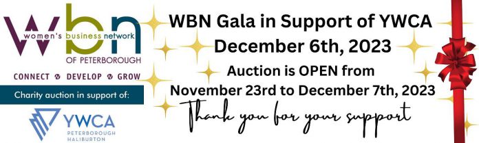 The Women's Business Network of Peterborough (WBN) online auction in support of YWCA Peterborough Haliburton runs from November 23 to December 7, 2023. The the networking organization is seeking donations from the local business community to help meet the $15,000 fundraising goal. (Graphic: WBN)