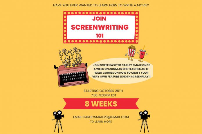 A successful writer who has written more than dozen screenplays, Peterborough's Carley Smale is teaching an eight-week screen screenwriting course to provide beginner screenwriters with the tips and techniques for writing a feature production. The course begins October 26, 2023. (Graphic courtesy of Carley Smale)