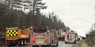 A tractor-trailer jackknifed on Highway 28 north of Apsley on November 21, 2023 due to icy road conditions. (OPP photo)
